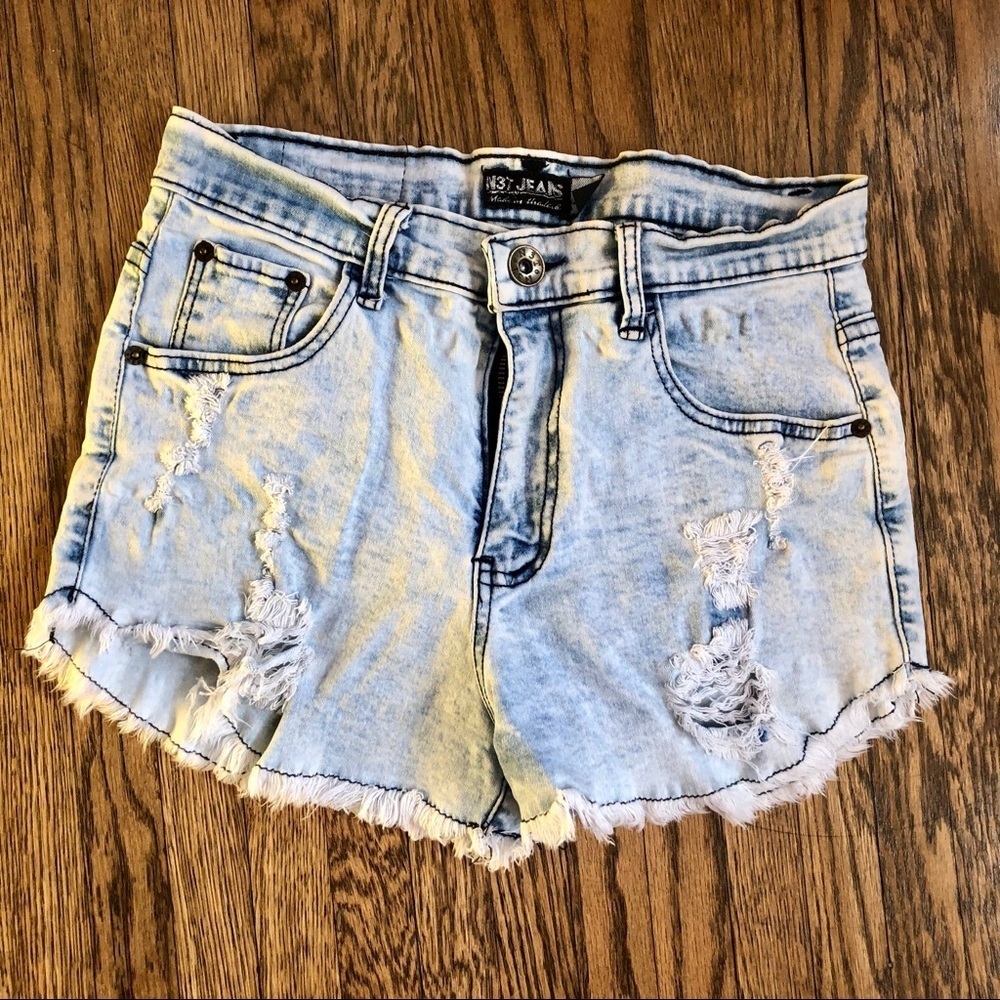 🔥5/$35🔥 N3T Distressed High Waisted Acid Wash Jean Shorts w Raw Hem​ | S​